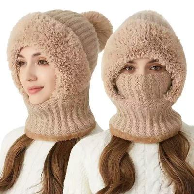 Gestrickte Mütze Schal Maske integrierte Mütze Damen Winter Radfahren winddicht Plüsch warme Wollmütze