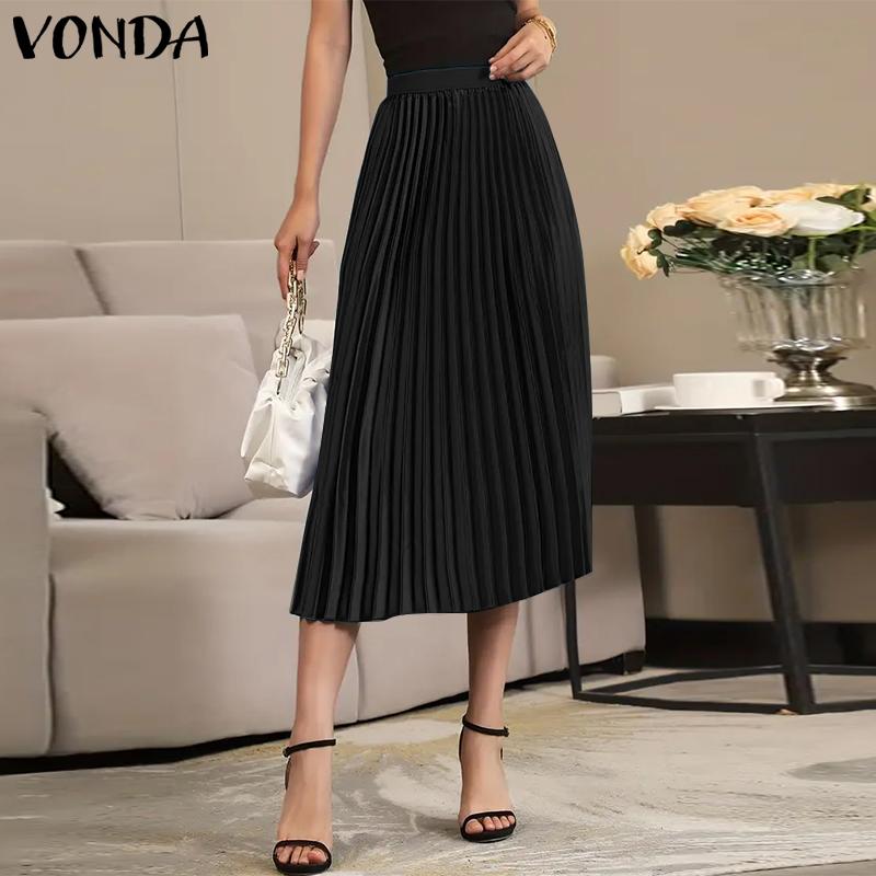 VONDA Women Fashion Solid Color Pleated Slim Fit A-Line Skirts