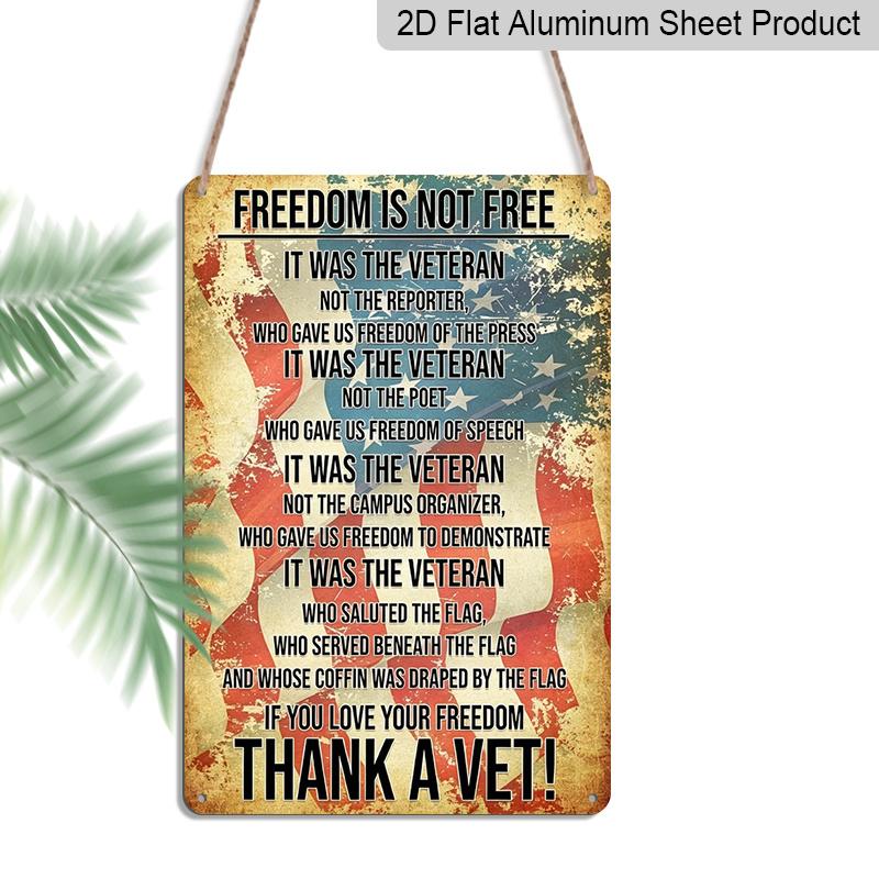 2D Flat, 1pc Vintage Patriotic Metal Wall Sign - "Freedom Is Not Free Thank A Vet" American Flag Design, 8x12 Inch Rustic Aluminum Home Decor for