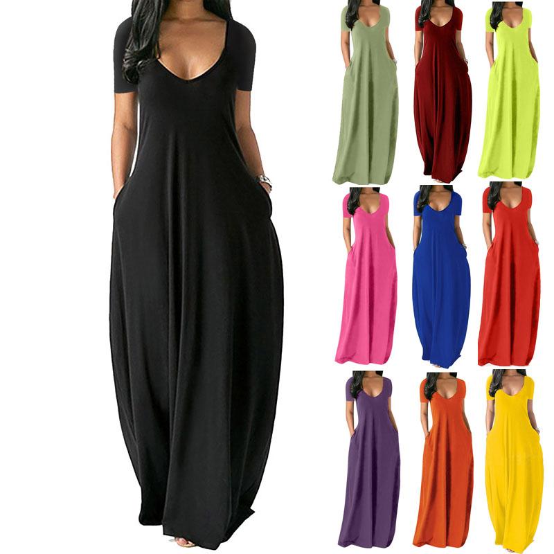 

Модное женское повседневное платье больших размеров с v-образным вырезом и карманами с коротким рукавом и длинным платьем