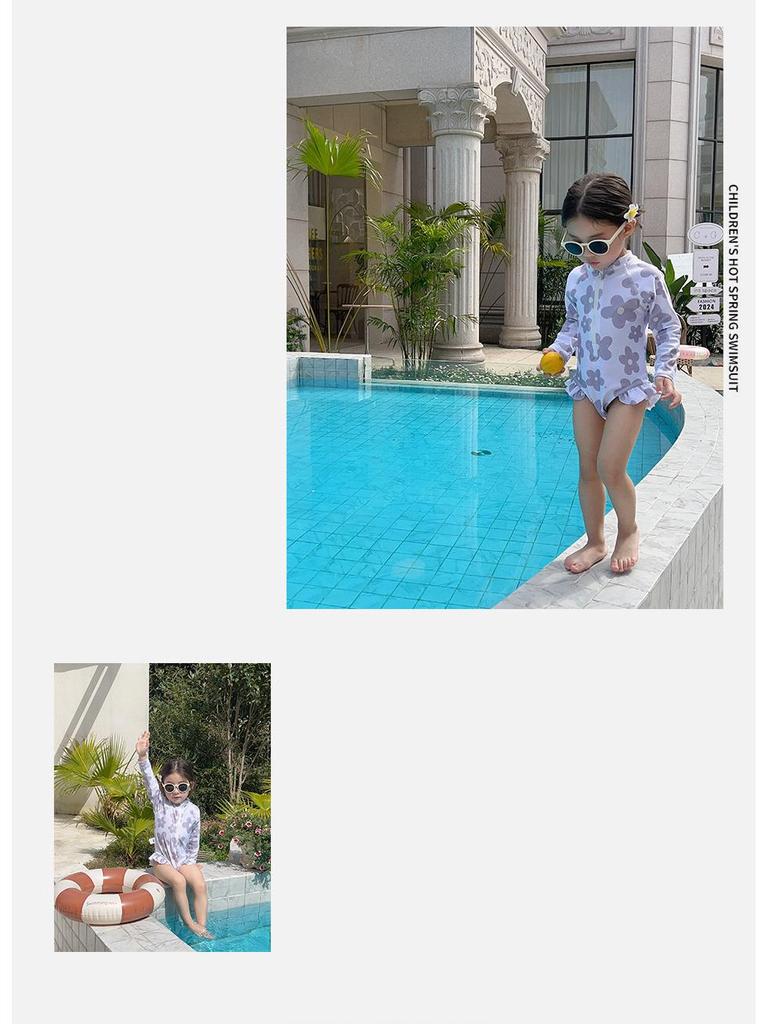 Costum de baie pentru fete alb-murdar cu flori, cu mâneci lungi - Protecție solară dintr-o singură piesă