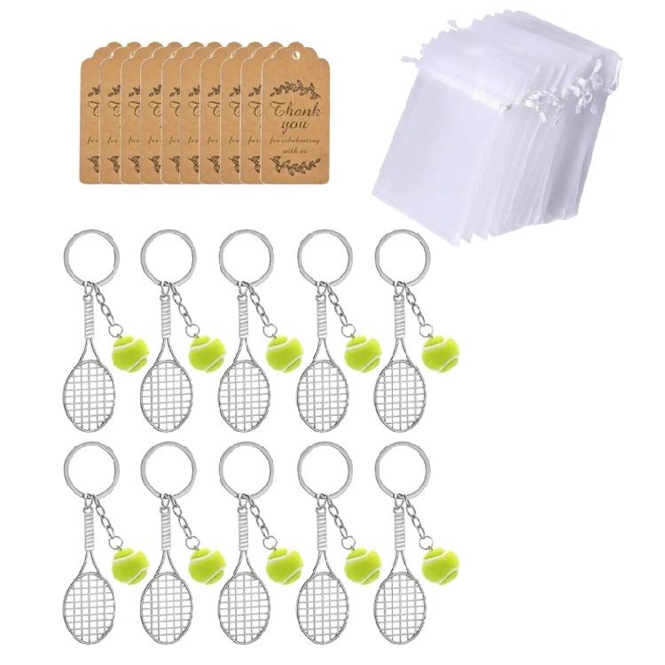 

10Pcs Miniature Tennis Racket Keychain Sports Themed Key Holder With Organza Drawstring Bag For Bag Backpacks 1