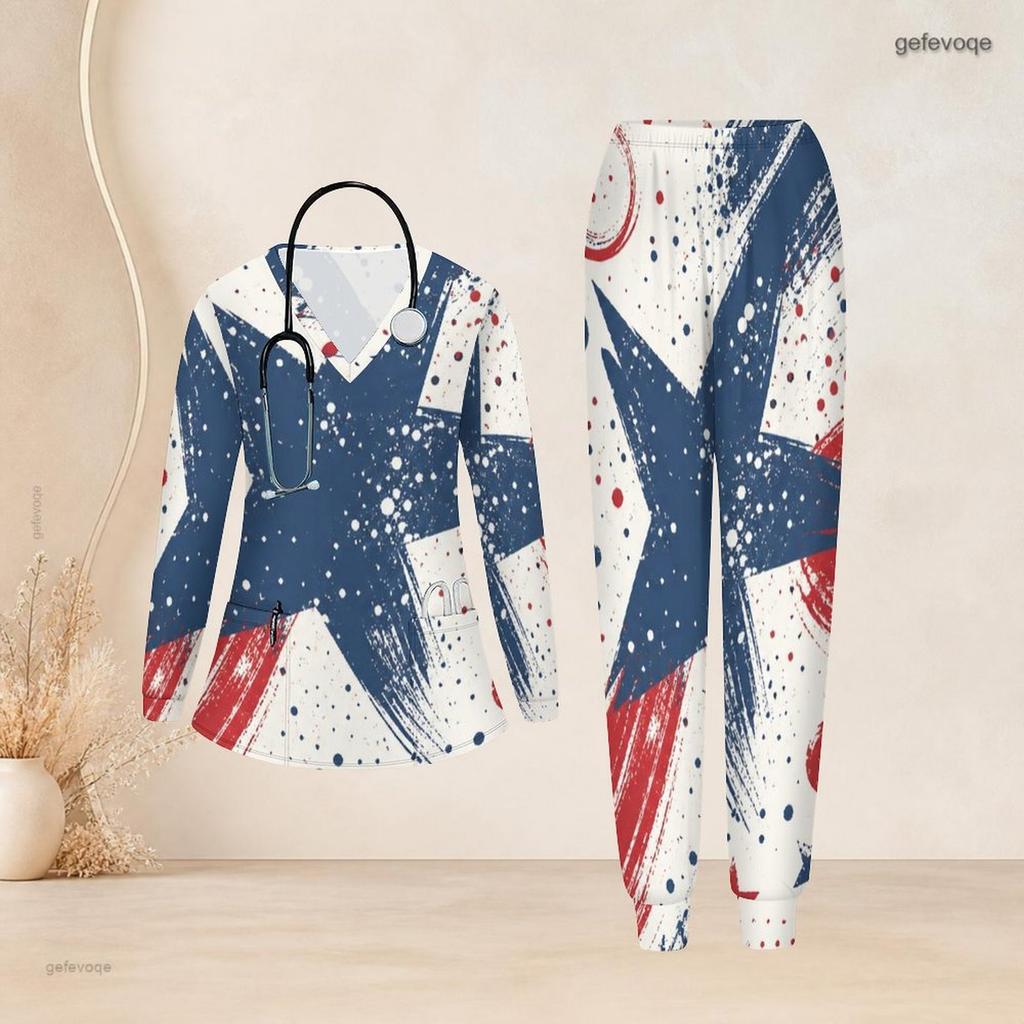 Women Plus Size V Neck Long Sleeve Scrub Set Colorful Rainbow Gradient Heart Print Nurse Uniform Set