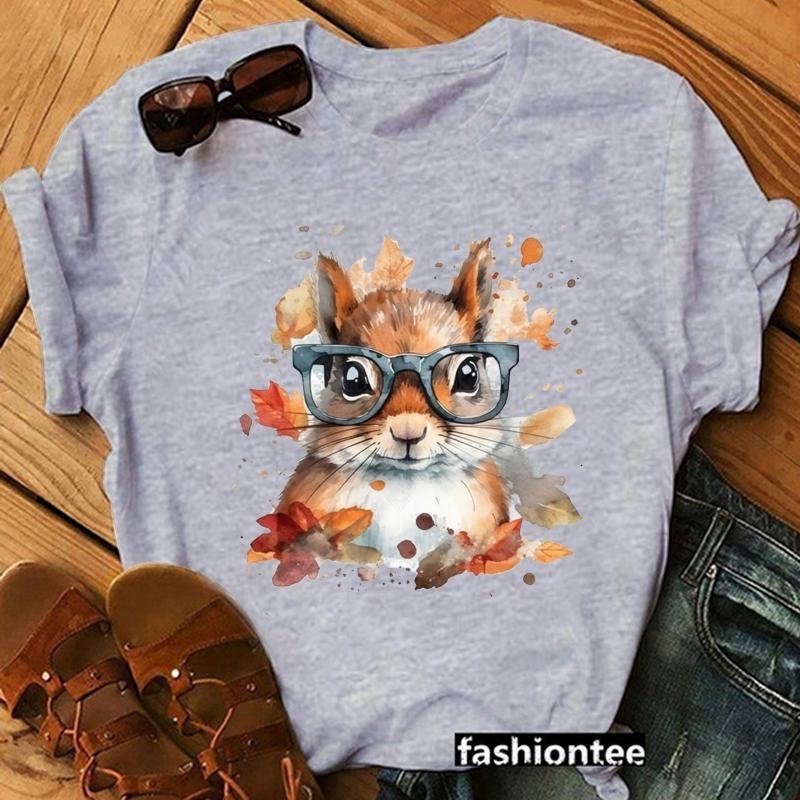 Cute Squirrel Pattern Printed T-Shirt Personalized Creative Casual Round Neck Shirt Funny Squirrel T-Shirt Top