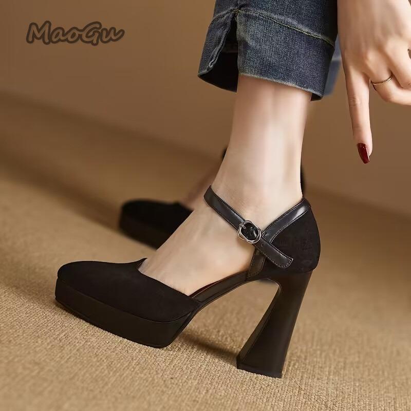 Chunky High Heels Suede Soft Leather Women's Platform Thick Sole Pointed Toe Pumps for Women Office Ladies Daily Footwear Size34