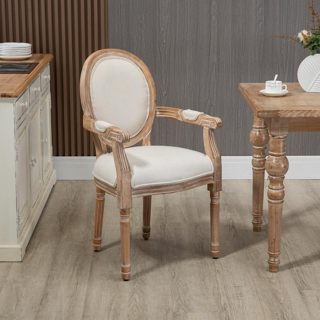 Dining Chair, Medallion Louis XVI Style, Carved Wood, Cream Linen