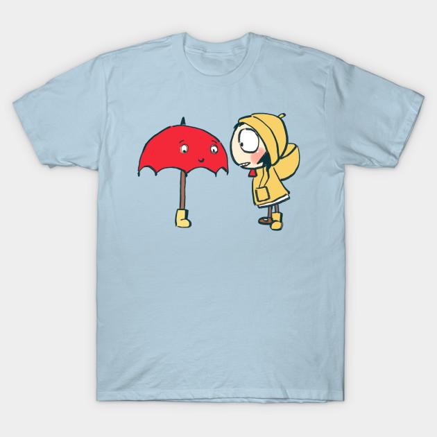

Men Black Print T-shirt Sarah Sharing Boot With Red Umbrella That Fears Rain / Sarah And Duck No-Cut Transfer Paper Print Cotton Tshirt L світло-синій колір