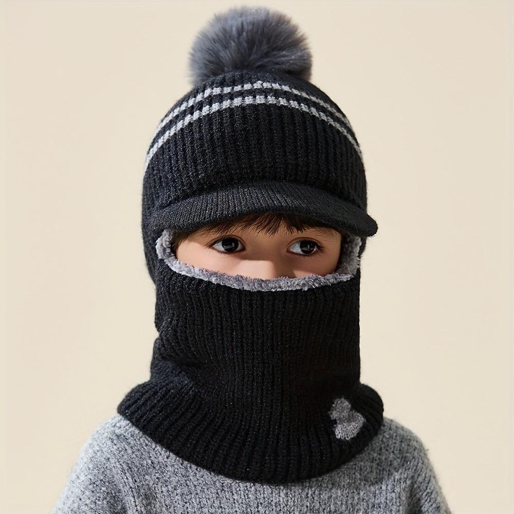 Pom Pom Detail Knitted Hat Scarf Set Ear Protection Design Integrated Balaclava Hat Outdoor Play
