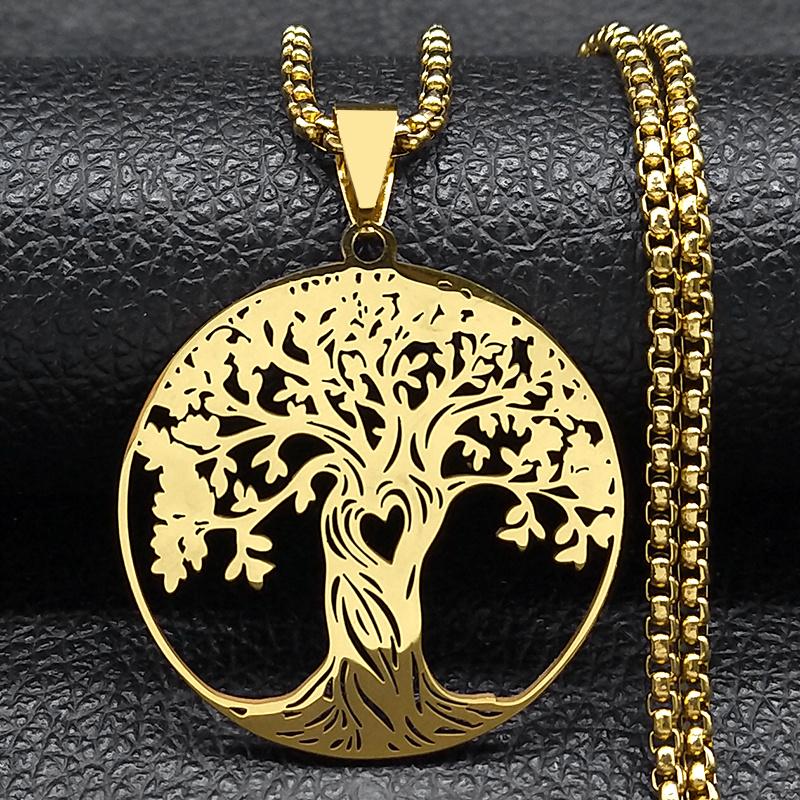 Aesthetic Tree of Life Love Heart Necklace for Women Men Stainless Steel Gold Color Lucky Amulet Chain Jewelry Necklace