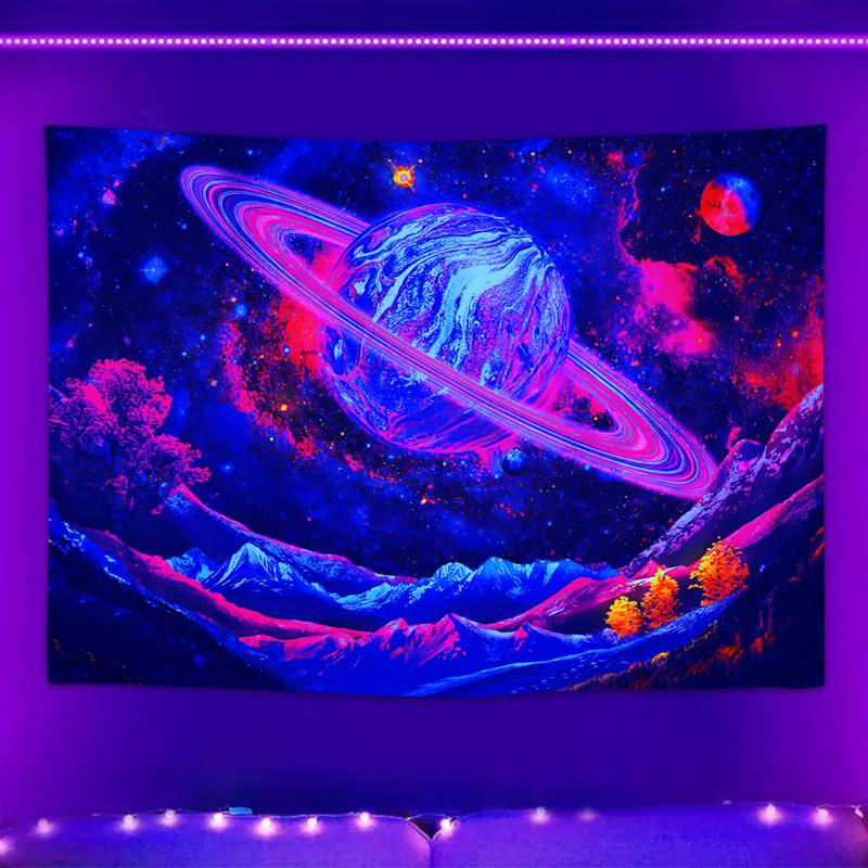 1PC Galaxy Space Black Light tapestry, Cool Planet Night Sky UV Reactive Fluorescent tapestry, Cosmic Mountain tapestry