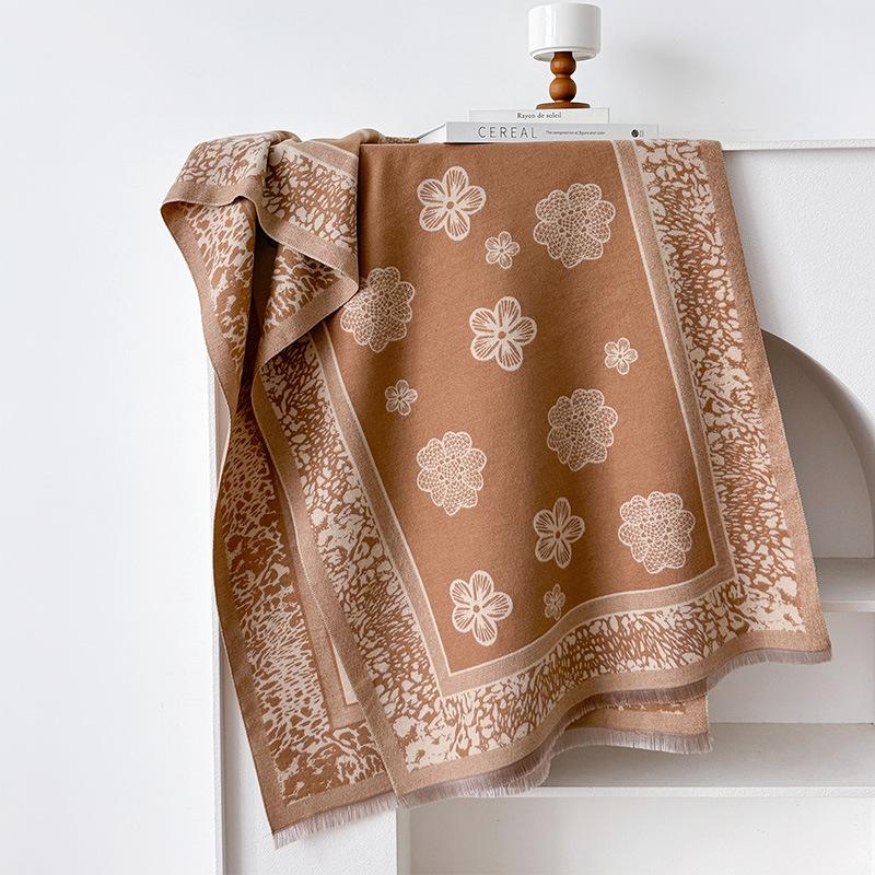 imitation cashmere mesh flower plaid retro texture printing double-sided warm scarf shawl outside