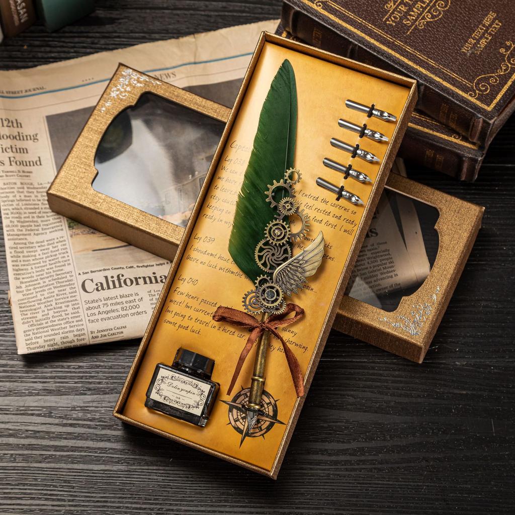 Retro Mechanical Calligraphy Feather Pen and Ink Set Glittering Quill Pen with Antique Dip Pen Metal Calligraphy Set with Ink