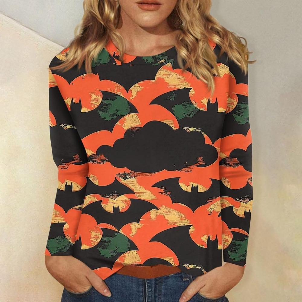 Fashionable 3D digital printed Halloween bat pattern women's round neck long sleeved T-shirt