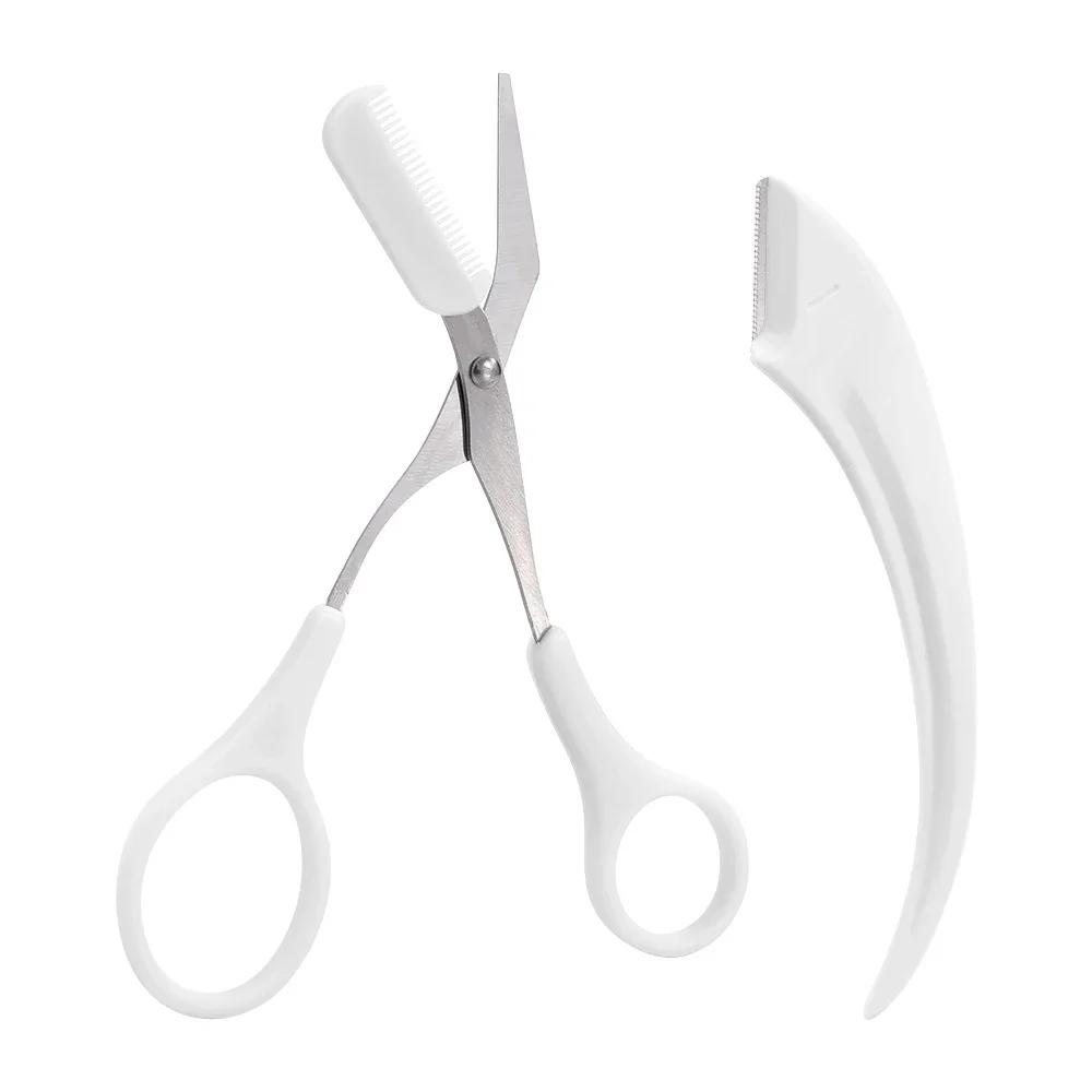 2PCS Eyebrow Trimmer Set Portable Brow Comb Scissors Eyebrow Knife Women Professional Face Shaver Hair Removal Razor Makeup Tool