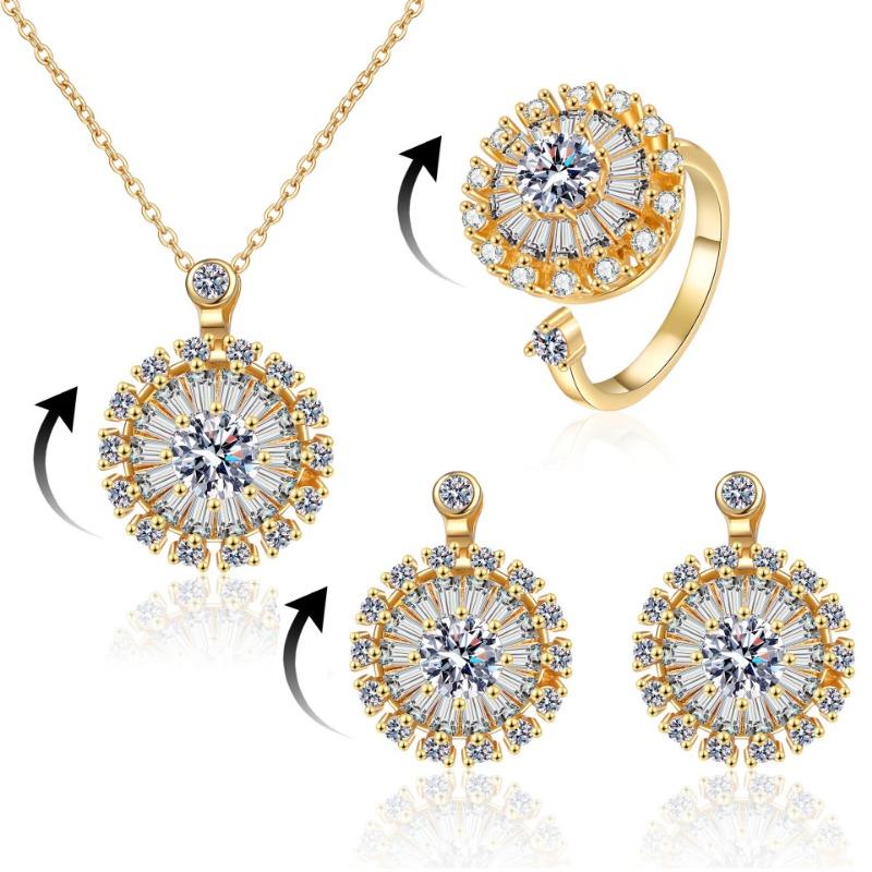 Stylish Rotatable Sun Flower Earrings Ring Set Full of Diamond Small Daisy Clavicle Chain