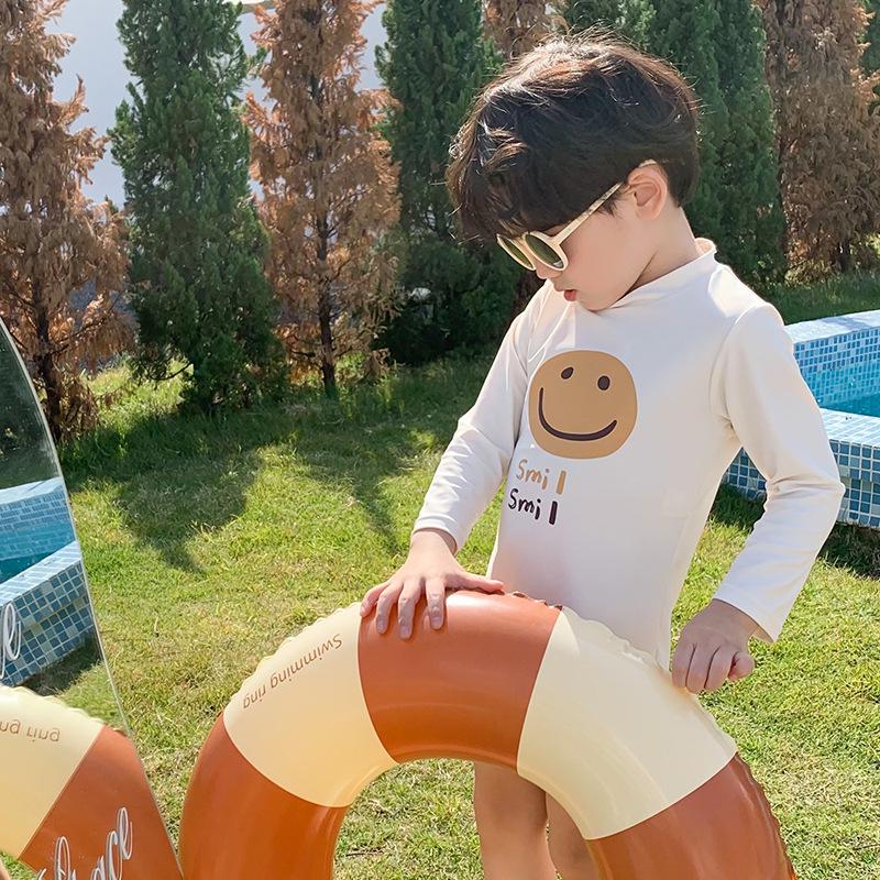 2023 New Quick-Drying Toddler Boys' Smiley Face Swimsuit - Size 2-3, One-Piece, Sun Protection & Cute Design