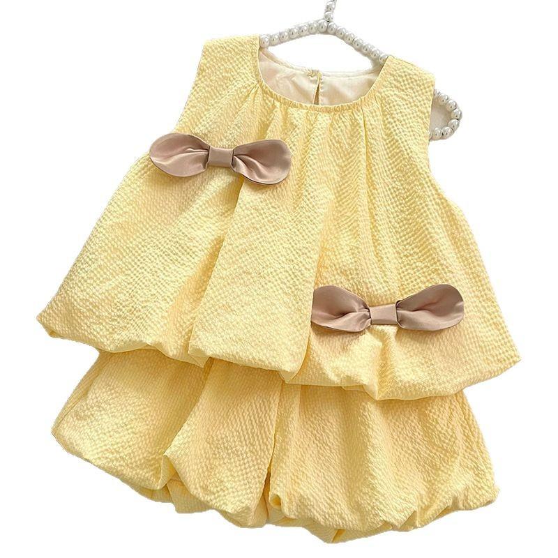 Girls Summer 3D Bloomer Shorts Set Cute Sleeveless Bow Top Two Piece Outfit Fashionable Kids Clothing