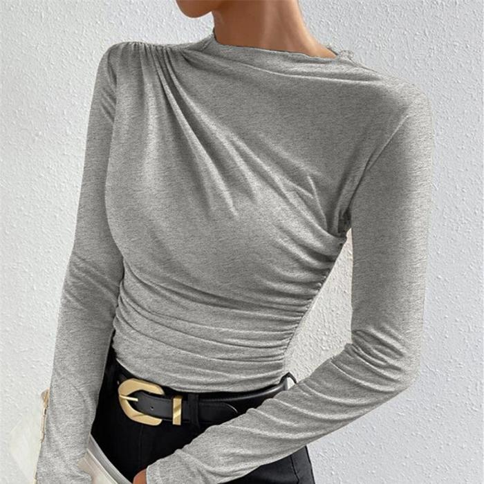 Ladies Spring Autumn Long Sleeve O Neck Solid Color Pleated Bodycon Pullover Casual T Shirt Top