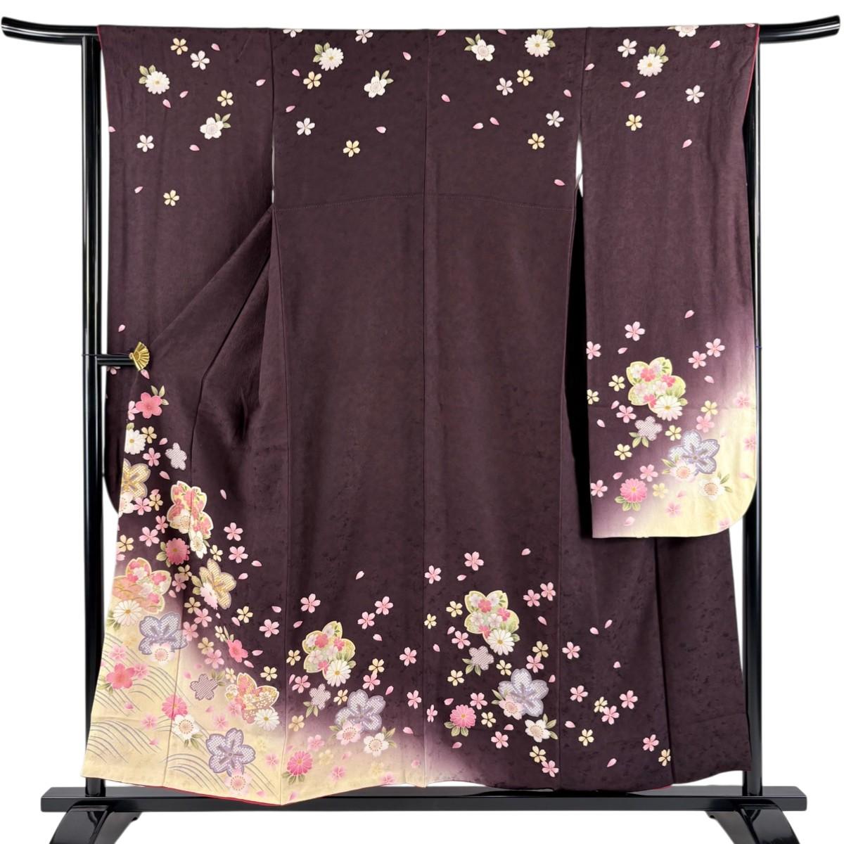 

Furisode Length 154.5cm Sleeve Length 64cm M Sleeve Cherry Blossom Wave Lam Gold and Silver Color Brown Purple Pure Silk Excellent Product [Used]