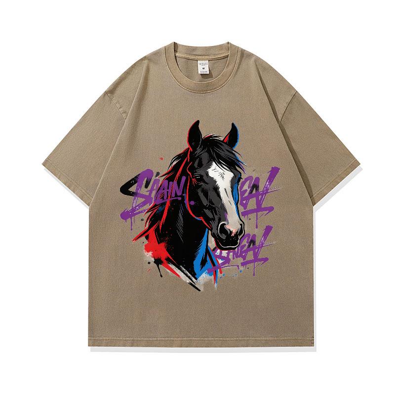 Digital Printing American Retro Horse Pattern Loose Short-Sleeved T-Shirt Digital Direct Injection Printing Custom