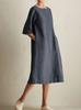 Women's Fashion Casual Crew Neck Medium Sleeve Cotton and Linen Pocket Dress