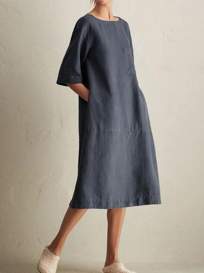 

Women s Fashion Casual Crew Neck Medium Sleeve Cotton and Linen Pocket Dress 3XL темно-сірий