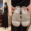 2025 New Thick-bottomed Pearl Slippers Outer Wear Female Summer Flat-bottomed Fashion with Skirt Fairy Beach One-word Sandals