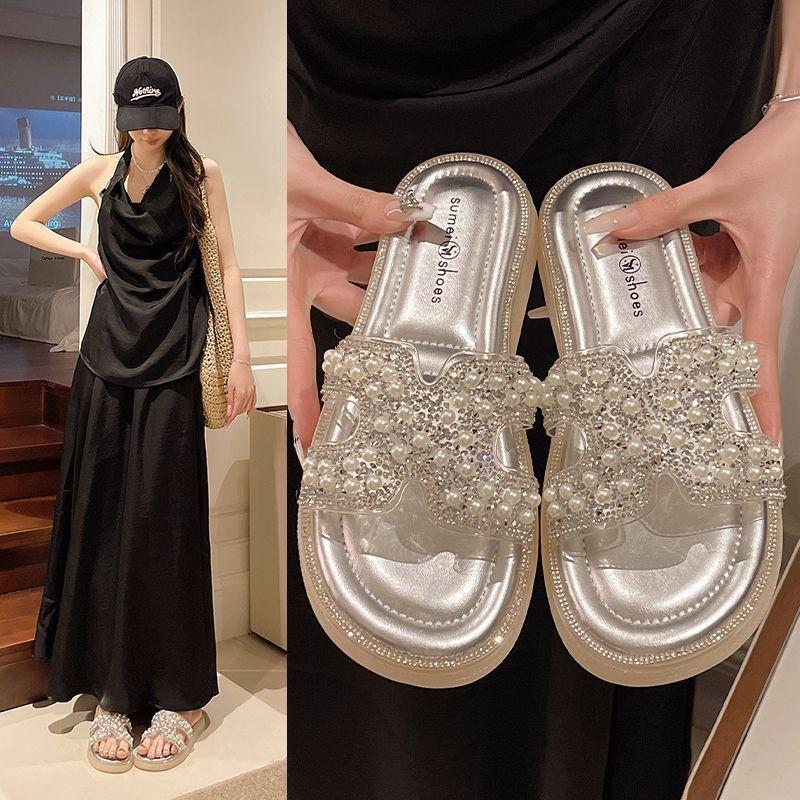 2025 New Thick-bottomed Pearl Slippers Outer Wear Female Summer Flat-bottomed Fashion with Skirt Fairy Beach One-word Sandals