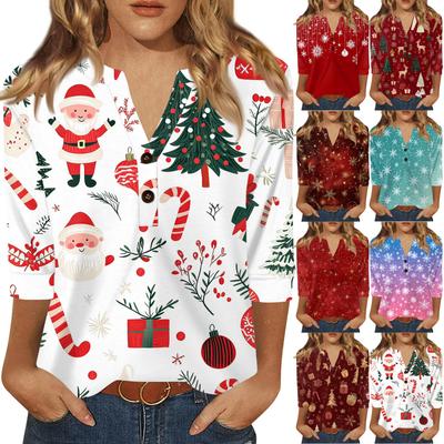 Women's T Shirt Christmas Print Button 3/4 Sleeve Daily Weekend Fashion Basic V- Neck Regular Top