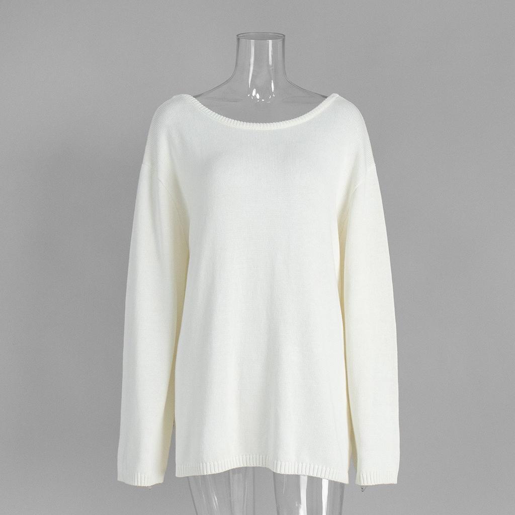 Fall Winter New Women's 100% Cotton Crewneck Sweater European American Style Loose Lazy Backless Sexy Knit Pullover