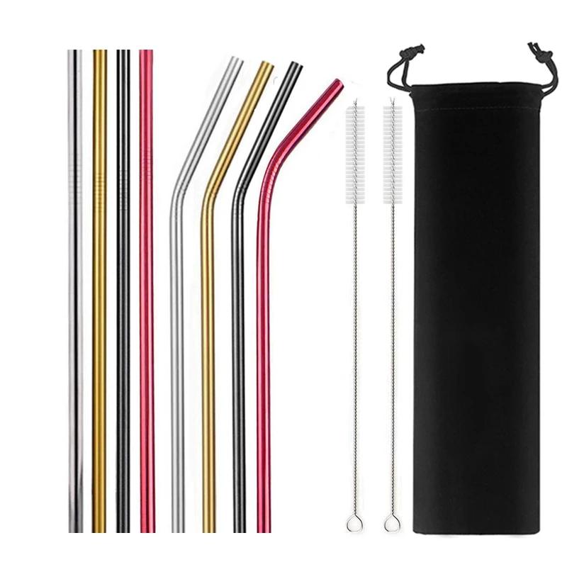 8 Pcs Metal Reusable 304 Stainless Steel Straws Straight Bent Drinking Straw with Bag Cleaning Brush Set Party Bar Accessory