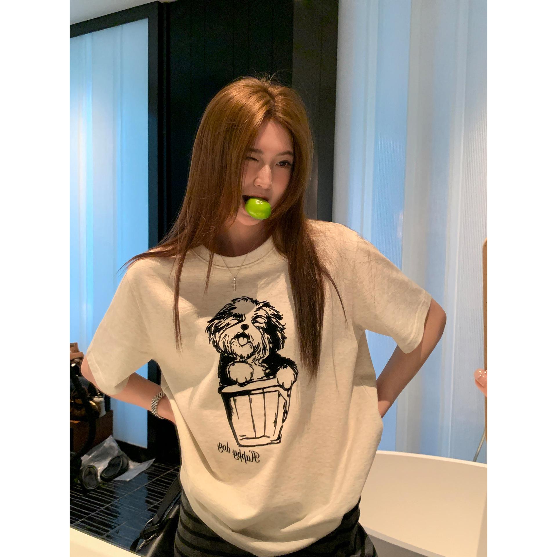 Ayi Women s Summer Loose Fit Double Yarn Cotton Printed Short Sleeve White T-shirt M