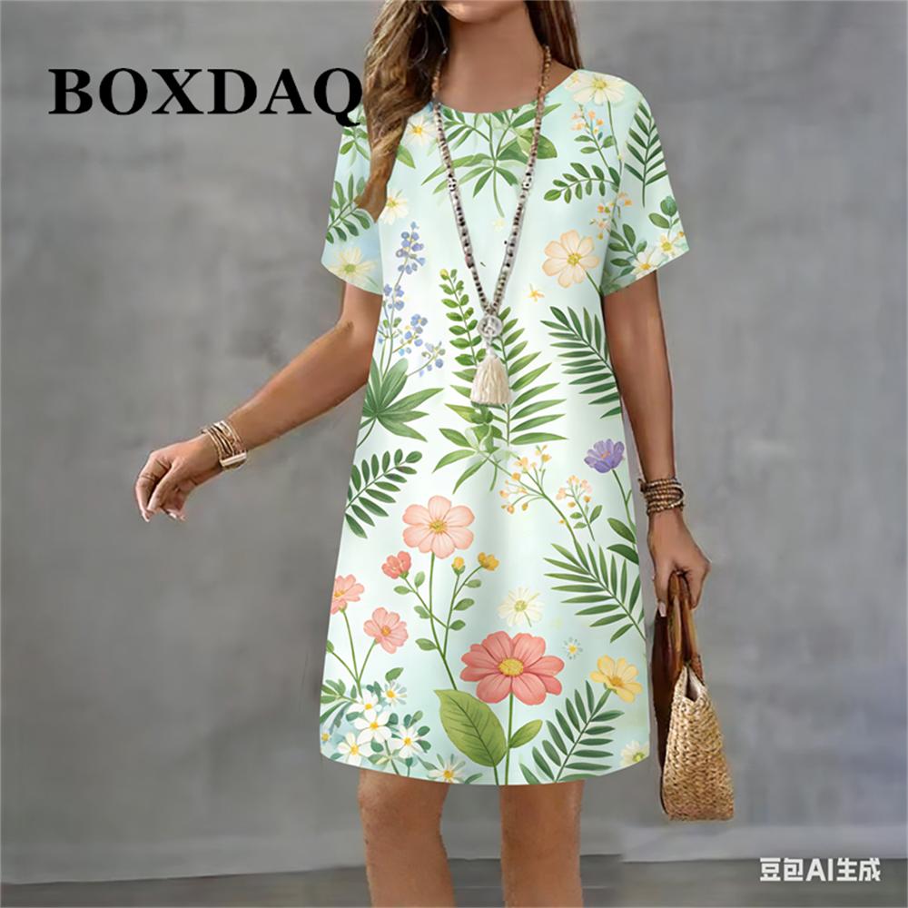 

Vintage Ethnic Floral Pattern Print Women Dress Summer Fashion Casual Short Sleeve Round Neck Pullover Loose Dress Women s 2026 XL