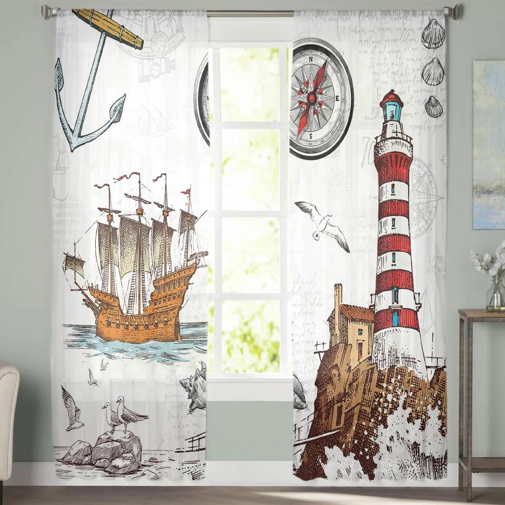 Starověký maják Plachetnice Šifonové průsvitné závěsy Do obývacího pokoje Ložnice Dekorace Okenní tyl Závěsy