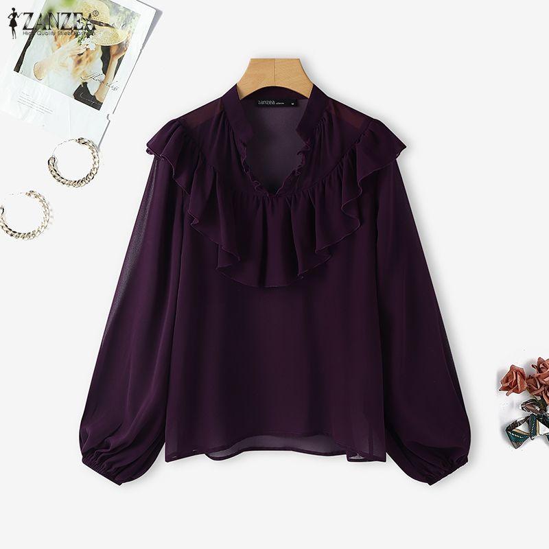 ZANZEA Women Casual V-Neck Long Sleeve Loose See-Through Cover Up Blouse