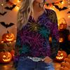 Women's Halloween Print Long Sleeve V-Neck T-Shirt with Decorative Buttons for Casual Wear