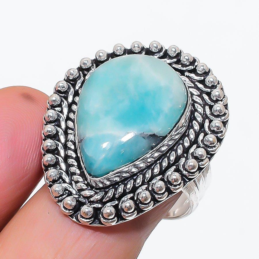 Natural Larimar Gemstone Handmade 925 Sterling Silver Jewelry Ring Size 8.5 n1q78