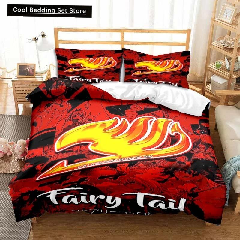 3D Anime Fairy Tail Bedding Set Bed Three-piece Set Duvet Cover Single Double Bed Queen Size Duvet Cover Set Adult Kid's Bedroom