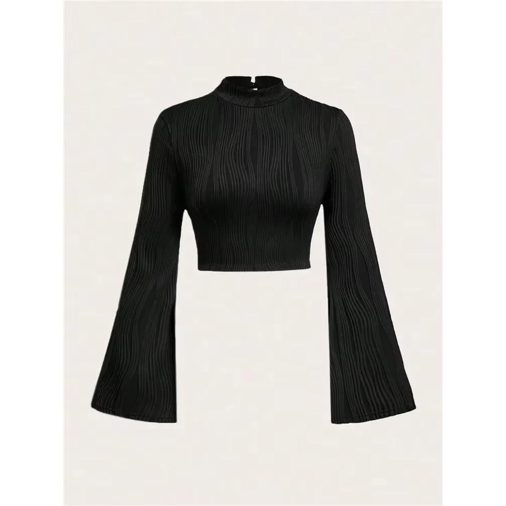 

Женская фактурная расклешенная футболка с длинными рукавами и воротником-стойкой, элегантная блузка в стиле преппи Y2K с резинкой M чёрный