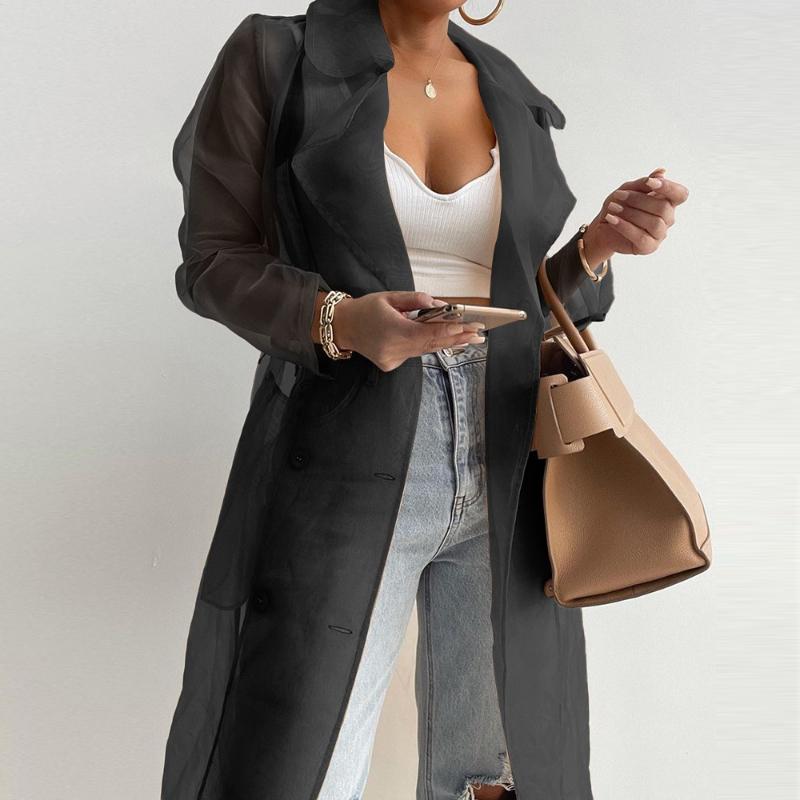 

Элегантный модный прозрачный кардиган, длинная рубашка с поясом, воротник-стойка, женская блузка, тонкий длинный рукав, летняя свободная одежда 26544 L чёрный