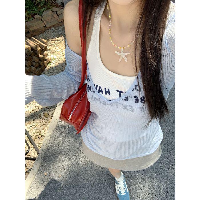 

Синий кардиган с V-образным вырезом и длинными рукавами свободного кроя и комплект рубашки для защиты от летнего солнца XL