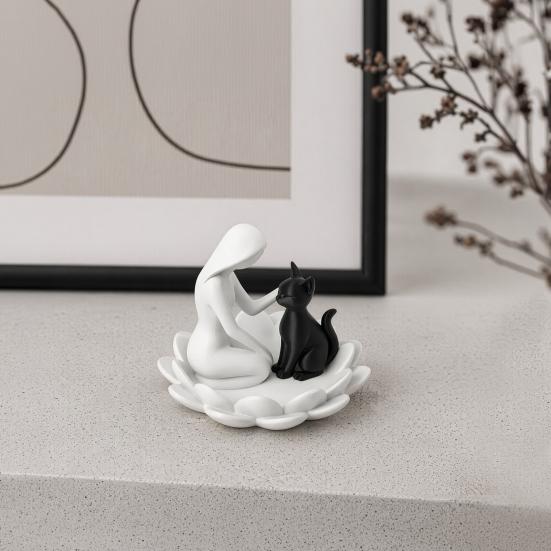 Human-Cat Interaction Shape Ornament, with Stable Non-Slip Lotus Base, Black And White Contrast Design, Ornament for Cat Lovers