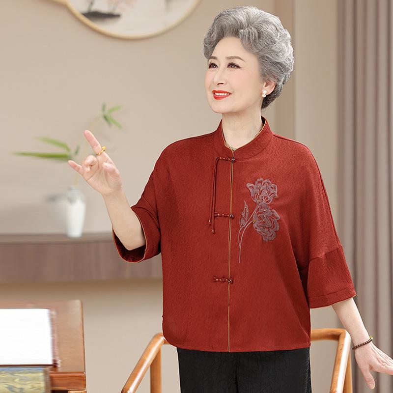 Chinese-Style Summer Shirt for Elderly Women - Grandma's Festive National Design for Spring, Birthday, or Wedding.