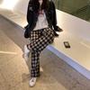 Retro Kariert Dünne Damen Hose Neu Hohe Taille Einfache Weitbein Hose für Damen