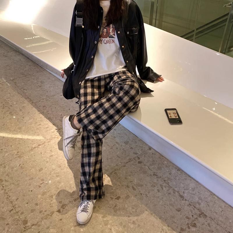 Retro Kariert Dünne Damen Hose Neu Hohe Taille Einfache Weitbein Hose für Damen