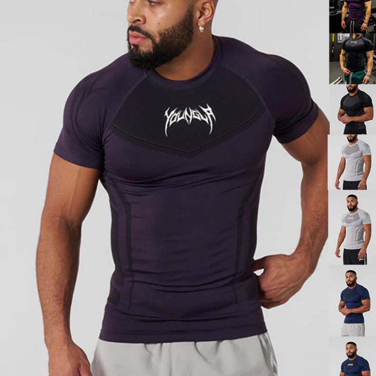 YOUNGAL Men's High Elastic Short Sleeve Fitness T-Shirt