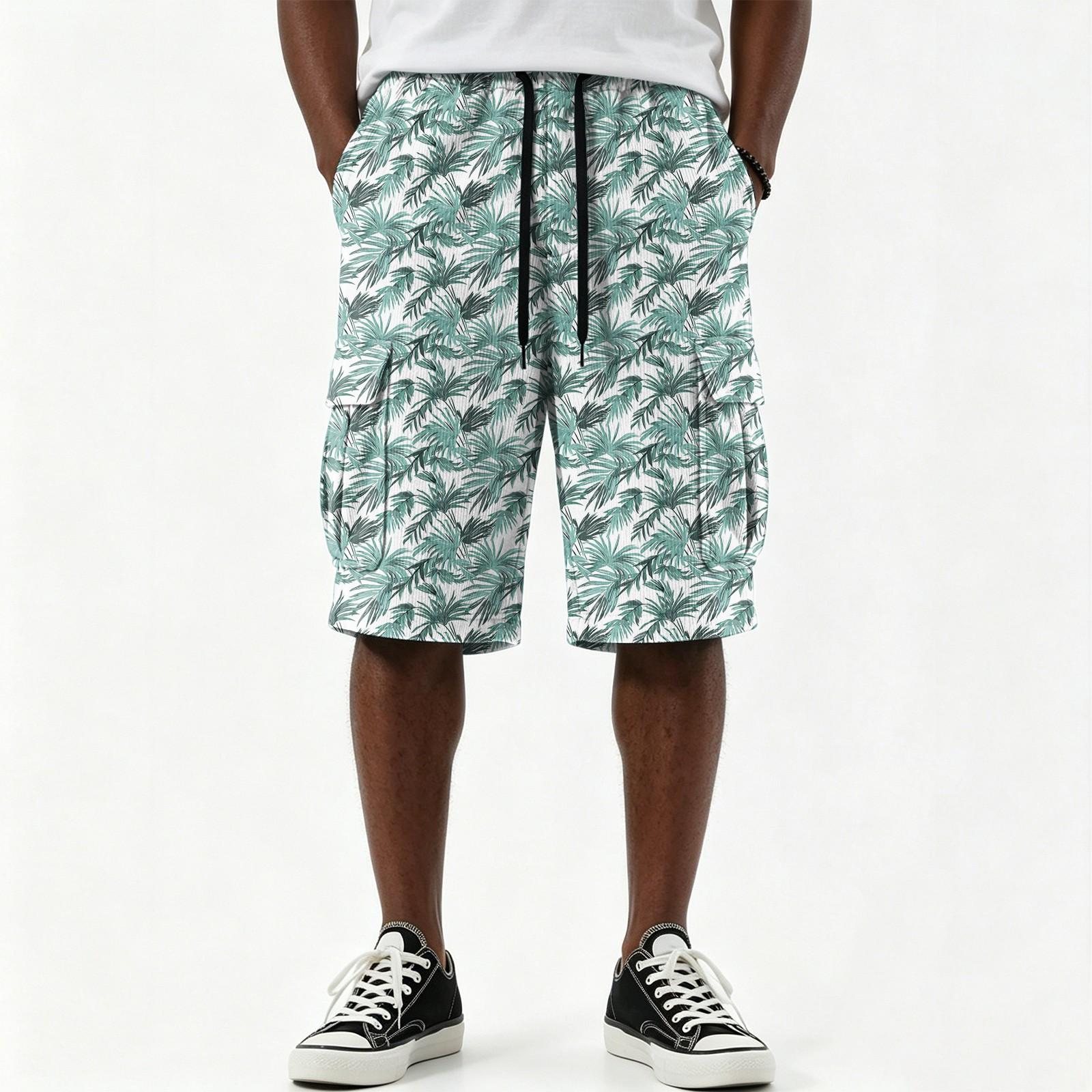 Men s Casual Hawaiian Print Drawstring Cargo Shorts Multi Pocket Knee Length Summer Beach Shorts for Outdoor Activities S