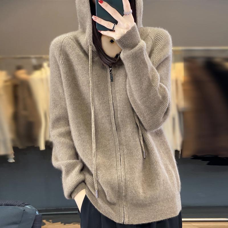 Women's Hooded Knit Wool Sweater – Age-Reducing, 100% Pure Wool Base Layer for Autumn/Winter