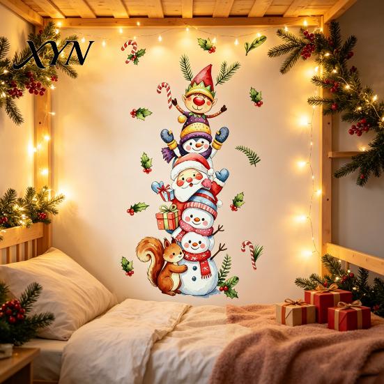 DIY Party Wall Murals Christmas Stickers with Snowman Santa Claus Elf Patterns, Peel And Stick Watercolor Cartoon Decals for Windows Glass Doors,