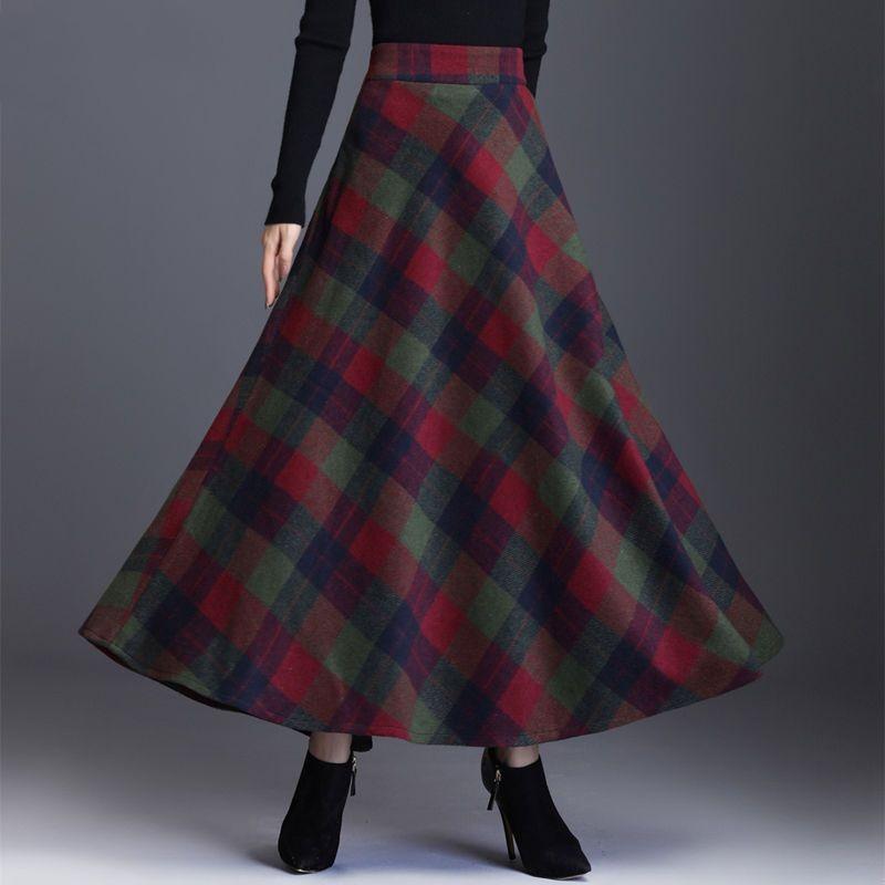 Winter New Fashion Versatile High Waist Woolen Half Skirt Women's Printed Plaid Patchwork Pockets Warm A-line Large Swing Skirt